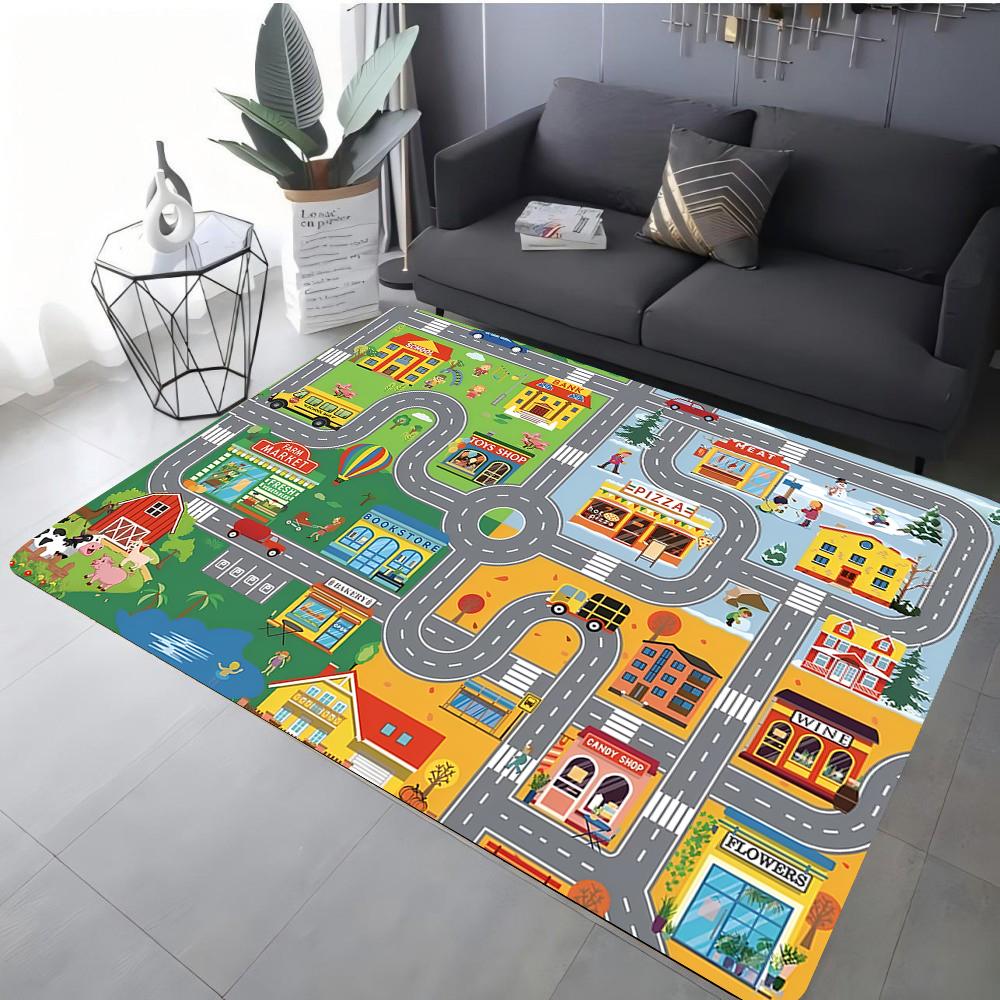 Kids Colorful City Street Map Print Carpet Play Mat Living Room Bedroom Nursery Playroom Soft Non Slip Floor Rug Washable Gift