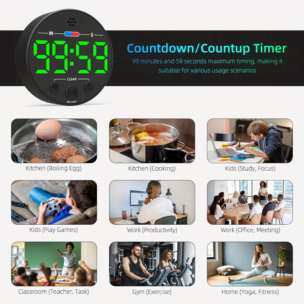 Magnetische digitale afteltimer, compact voor op het bureau, groot LED-display, luid alarm, voor het koken van eieren in de keuken, focus in de klas, taakbeheer