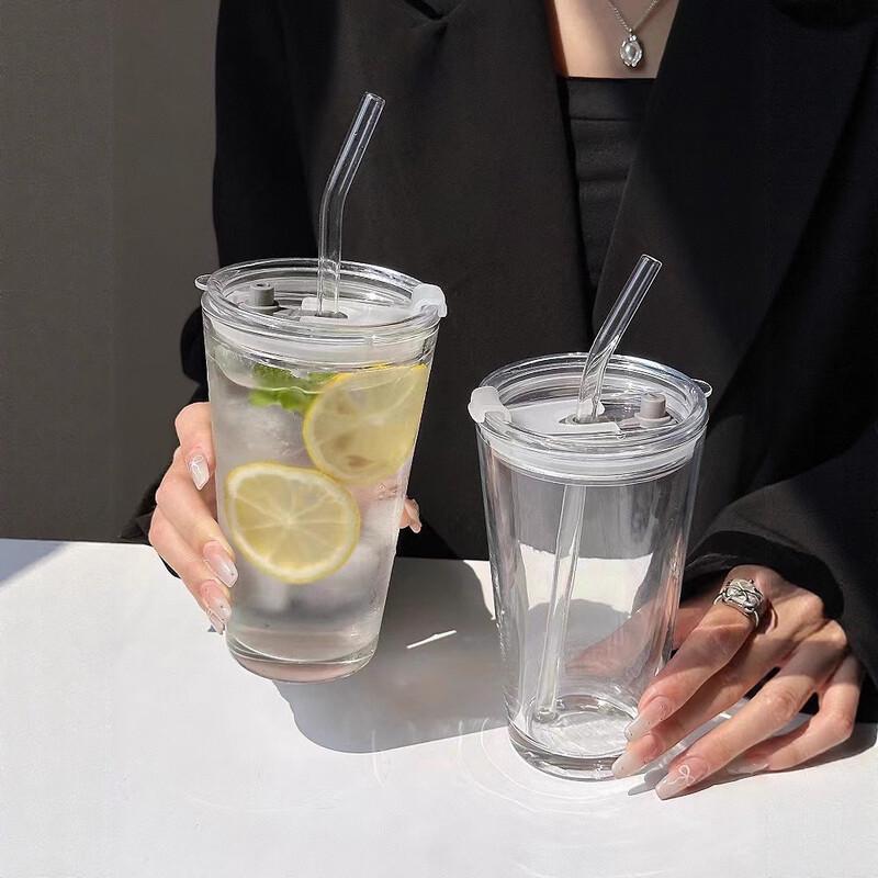 Glass Drink Cup with Lid and Straw