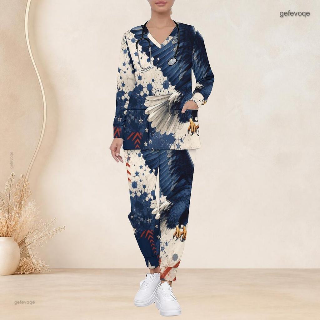 Women Plus Size V Neck Long Sleeve Scrub Set Colorful Rainbow Gradient Heart Print Nurse Uniform Set
