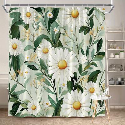 1pc Daisy Patterned Shower Curtain, Polyester Fabric, Machine Washable, with Hooks, Suitable for Bathroom Décor.