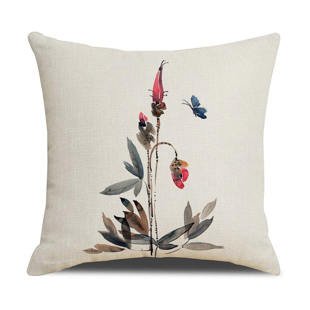 Chinese Style Series Ink Flower and Grass Print Pillow Linen Print New Chinese Style Home Sofa Pillow Living Room Bedroom
