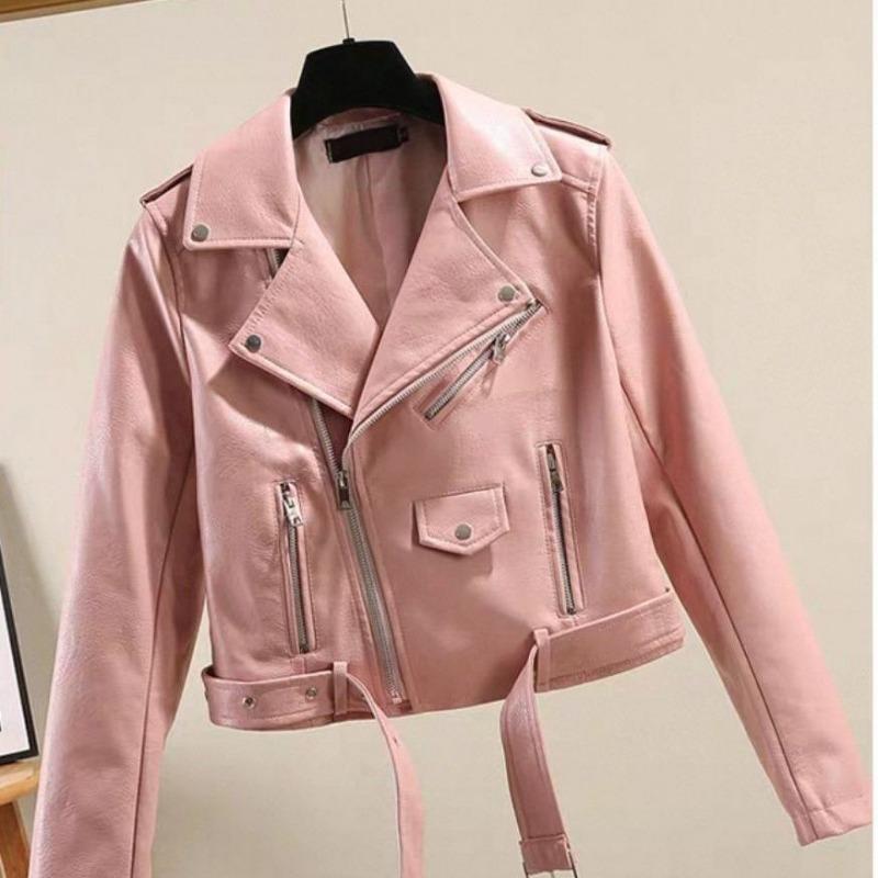 

Новая мотоциклетная кожаная куртка Весна и Осень Обычный корейский стиль Модная женская приталенная женская кожа S розовый
