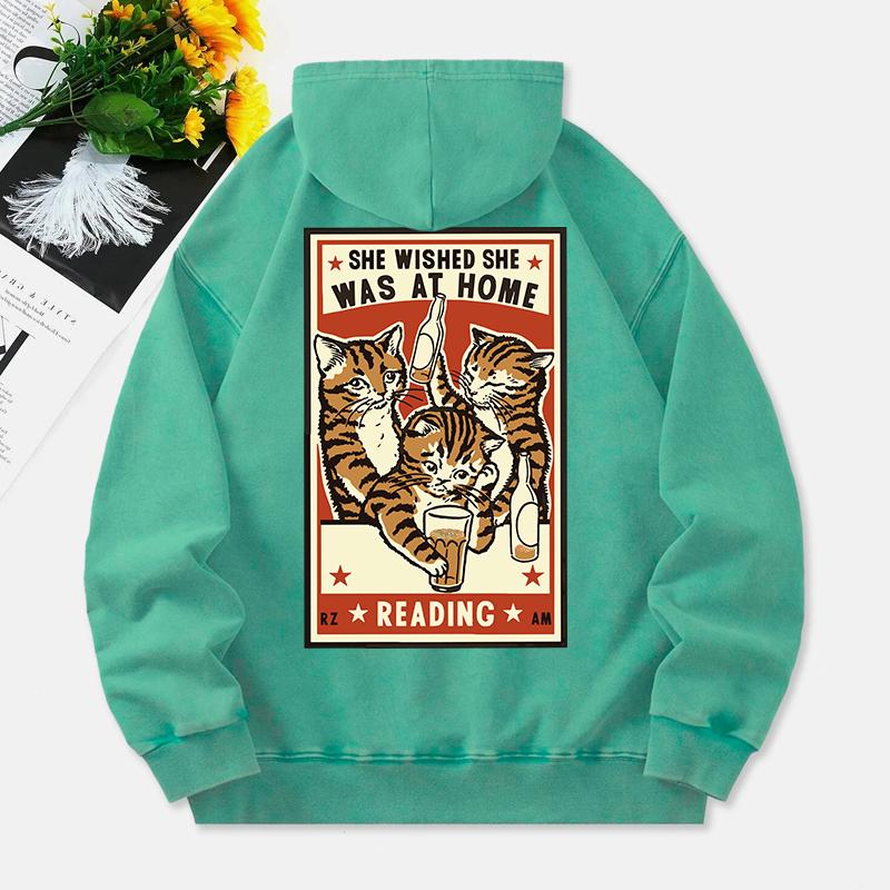 Drinking Cats Washed Hoodie Womens Vintage Printed Cotton Tops Distressed Pocket Oversize Womans Streetwear