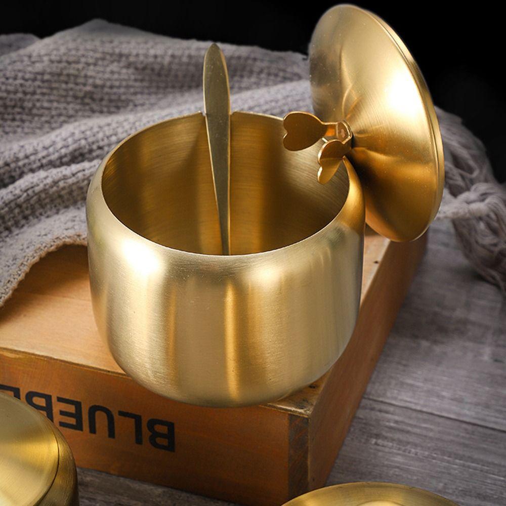 with Spoon Lid Sugar Bowl Stainless Steel Seasoning Pot Useful Storage Jar  Kitchen Supplies