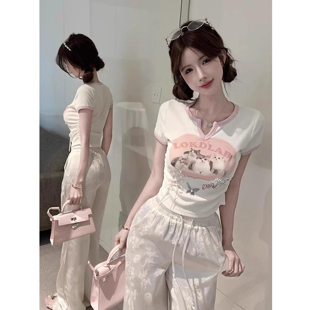 Sommer Baumwoll T-Shirts Damen V-Ausschnitt Kurzarm niedliches Cartoon T-Shirt junges Mädchen lässig Elastisch Skinny y2k Crop Tops für Damen