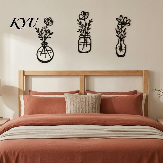 Commercial Space Wall Decoration 3Pcs Black Metal Flower Decor, Rustic Farmhouse Boho Art, Home Office Art Vase Floral Hanging Decor for Bathroom