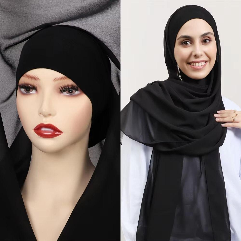 Solid Color Muslim Long Headscarf Bulit-In Magnets Islamic Head Wrap  Muslim