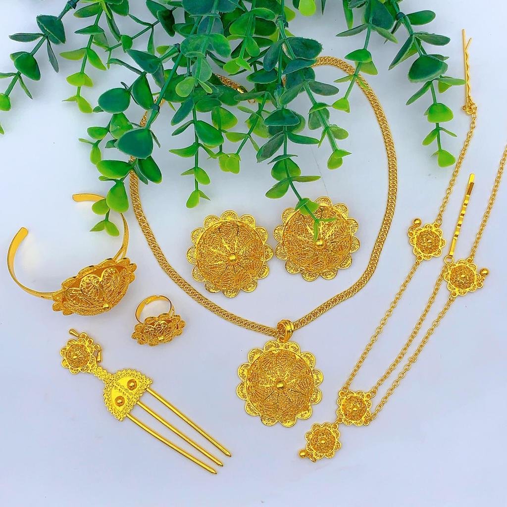Set di Gioielli in Lega Placcata Oro Vietnamita per Spose Africane: Ornamenti Etiopi da Donna in Sei Pezzi.