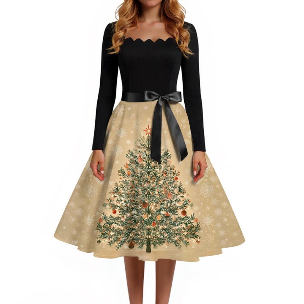 Christmas Print Flare Dress For Women Long Sleeve Dress Hollow Party Casual Square Collar Dresses