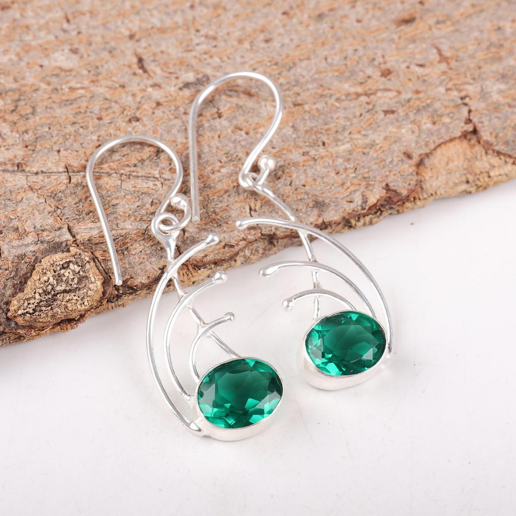 Green Emerald Gemstone Earrings Jewelry, Handmade Bohemian Silver Earring, 925 Sterling Silver Jewelry Gift For Her