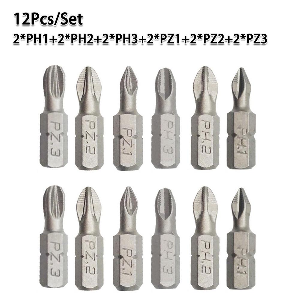 12 PCS/Lot 25mm Cross Bits Set Hex Shanked Anti Slip Screwdriver Bits Magnetic Non-Slip Drill Batch Head PH1/PH2/PH3/PZ1/PZ2/PZ3