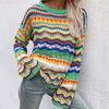 Loose Casual Women Sweater Round Neck Long Sleeve Contrasting Color Stripe Knitted Top