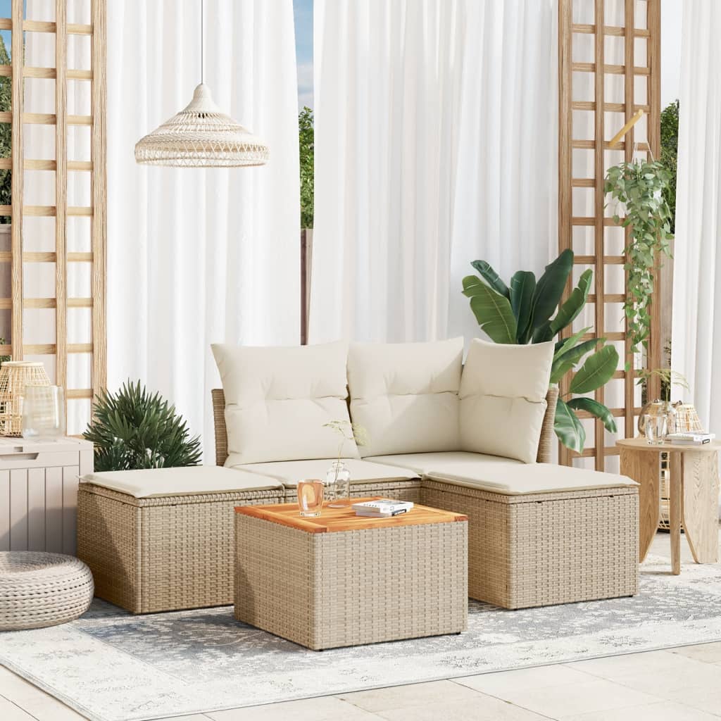 5 Piece Garden Sofa Set with Cushions Beige Poly Rattan