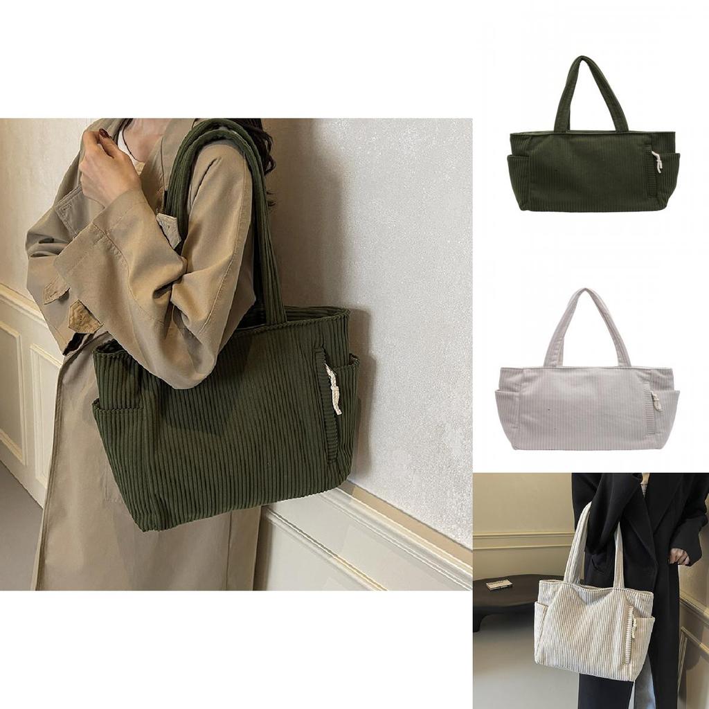 Simple Solid Color Large Capacity Women Corduroy Shoulder Tote Bag For Daily Use