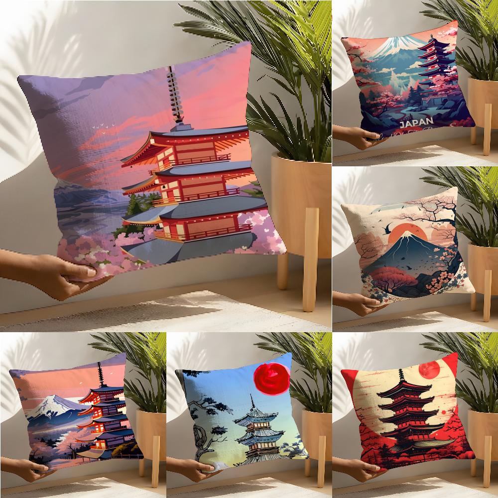 Retro Japanese Pagoda Landscape 1 Pillow Case Linen Cushion Covers For Decorative Sofa Home Pillows Case Car Chair Pillows Cases