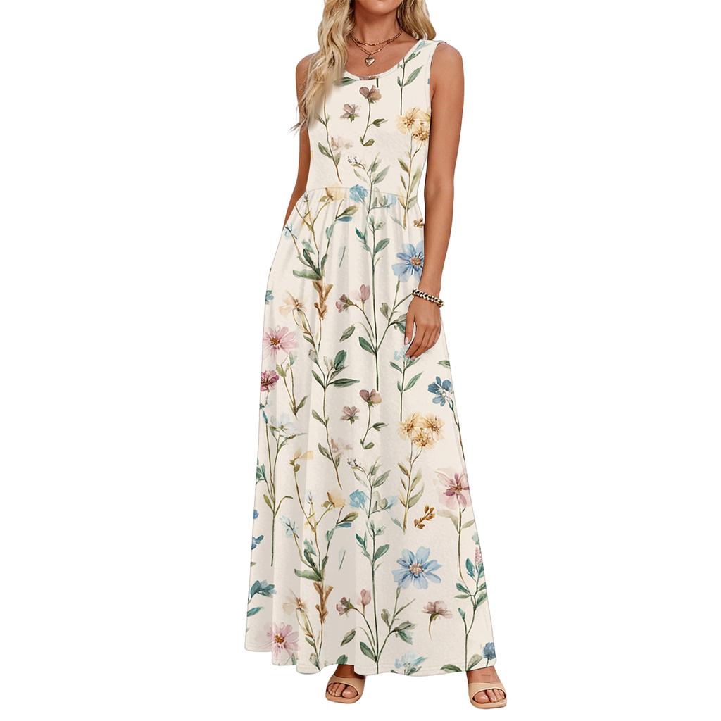 Fashionable women's summer dress with floral print, flowy casual , perfect for beach vacations, sundress with pockets.