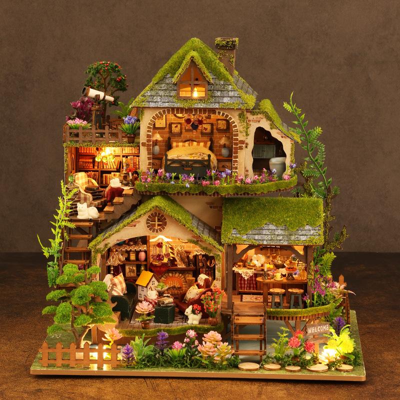 DIY Miniaturhaus Waldabenteuer Set Tiny House Modell mit Puppenhaus & Bücherregal Kreatives Geburtstagsgeschenk für Freunde & Erwachsene