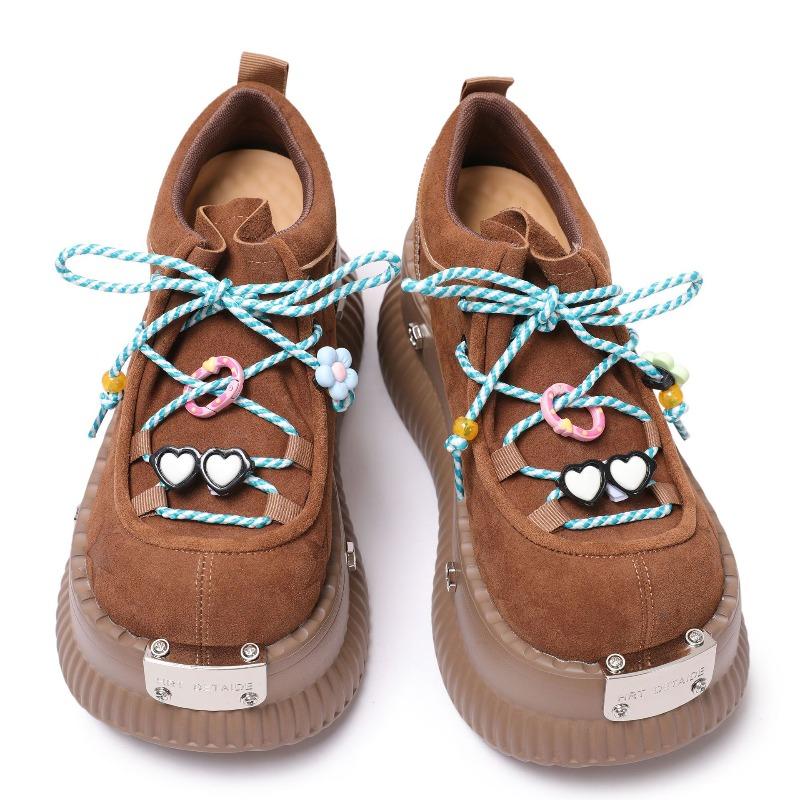 Fashion Shoes for Women's Platform Leather Shoes Retro Metal Toe Thick Sole Shoe Round Head Front Lace Up Single Shoes Zapatos De Mujer