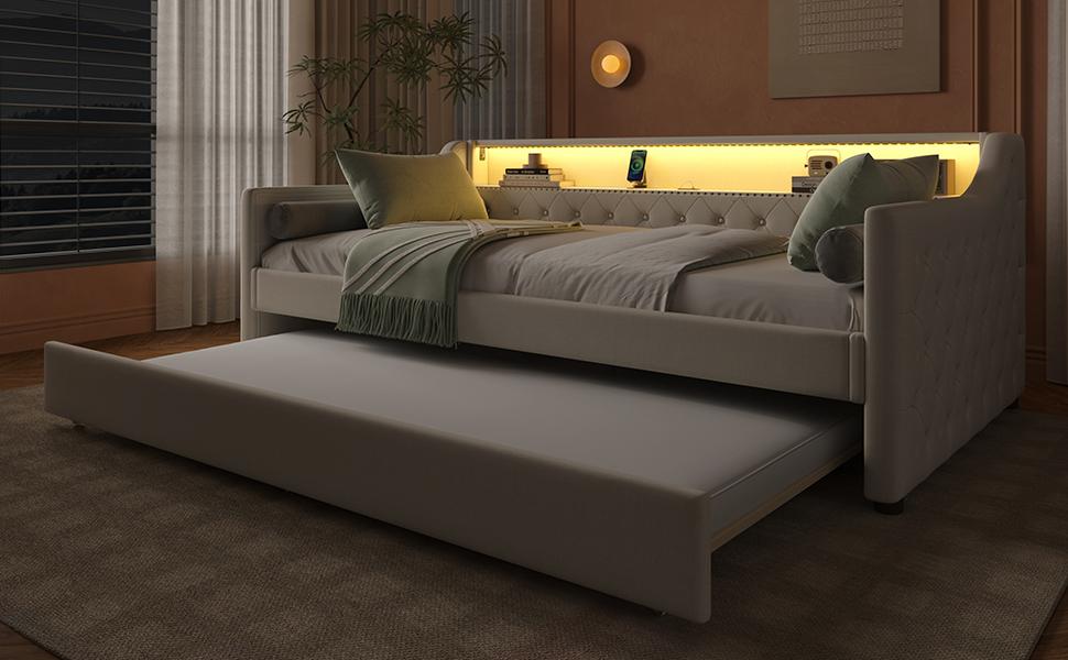 Tagesbett, 90 x 200cm, Schlafsofa, Tagesbett mit Lattenrost (ohne Matratze), Mit LED-Leuchten, Bett mit Ausziehbett, USB-Ladeanschluss, Leinen, Beige