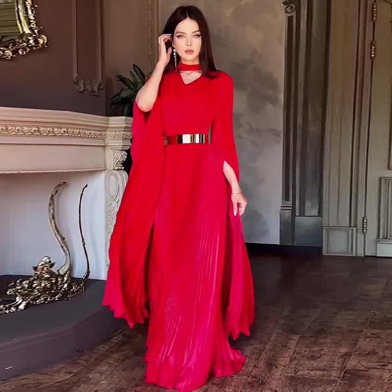 

Осень 2024 Женское элегантное вечернее платье с V-образным вырезом, сетчатыми вставками и высокой талией XXXL красный