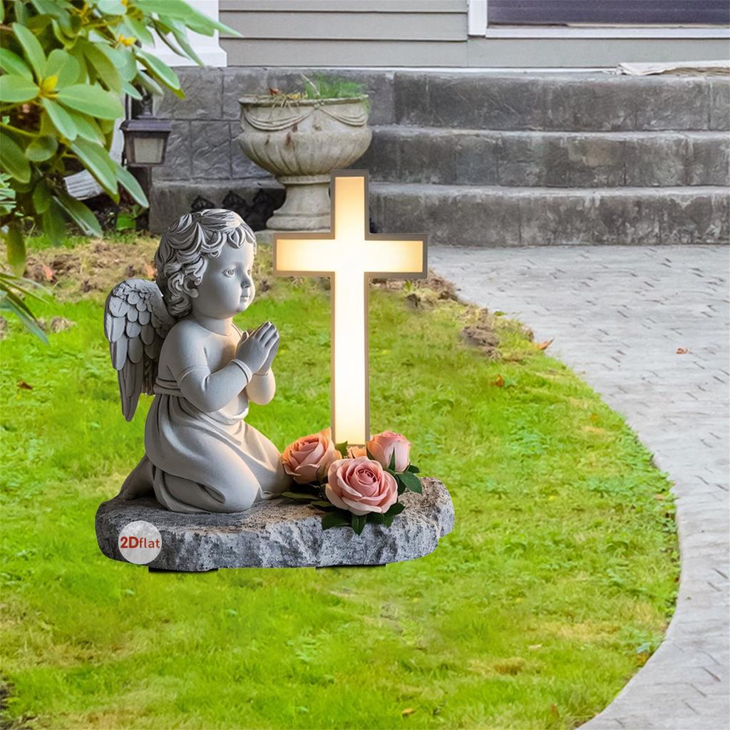 Religious Angel and Cross Garden Stakes Set of 2 Acrylic Flat Decorative Yard Signs Christian Outdoor Decor