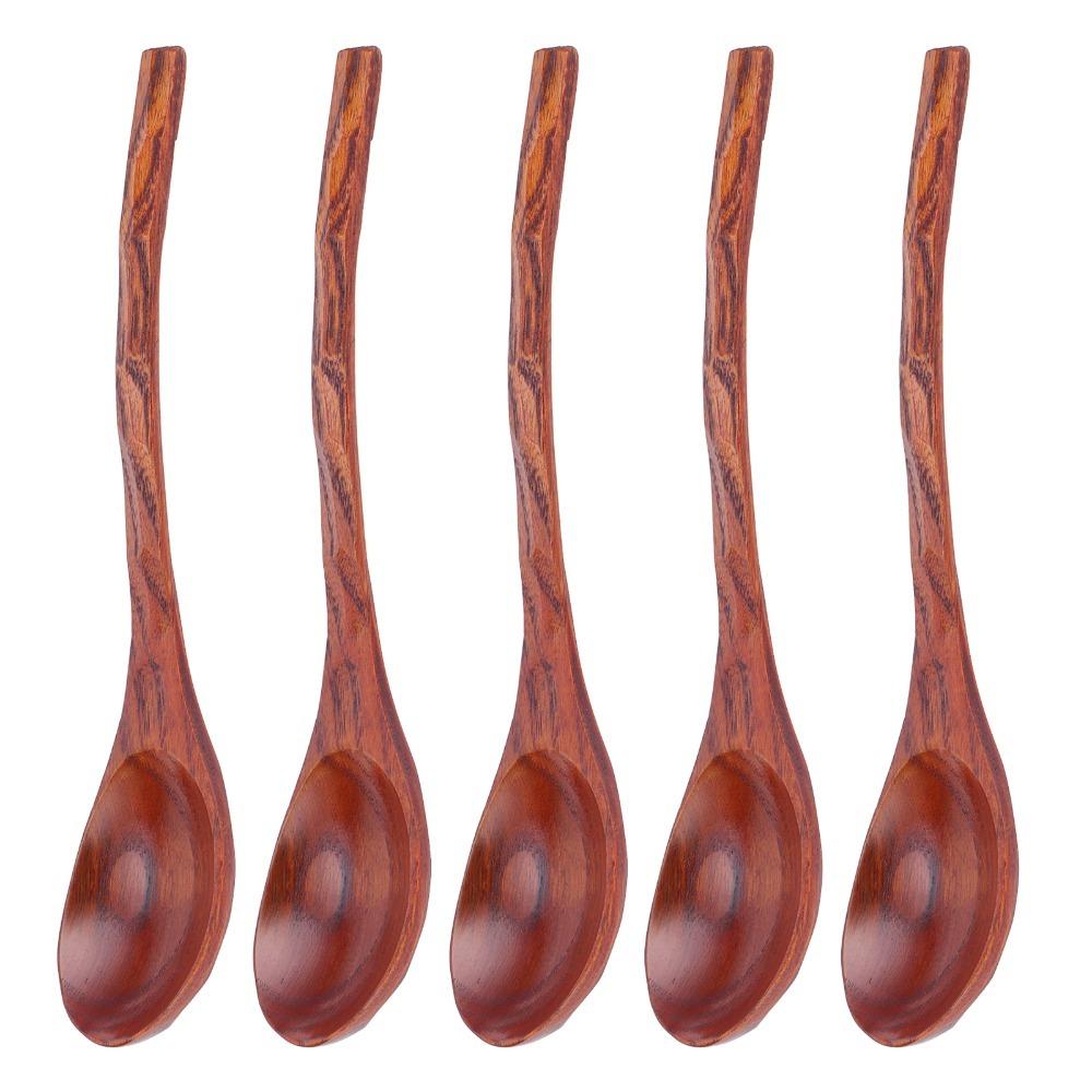 5Pcs Solid Wood Wooden Spoons Polished Surface Long Handle Spoons Tableware Set  For Soup Cooking