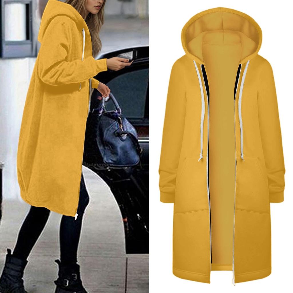 Women's Fashionable Solid Color Long Sleeved Pocket Long Hoodies Zipper Casual Coat Fall Jackets Sweatshirts Clothes