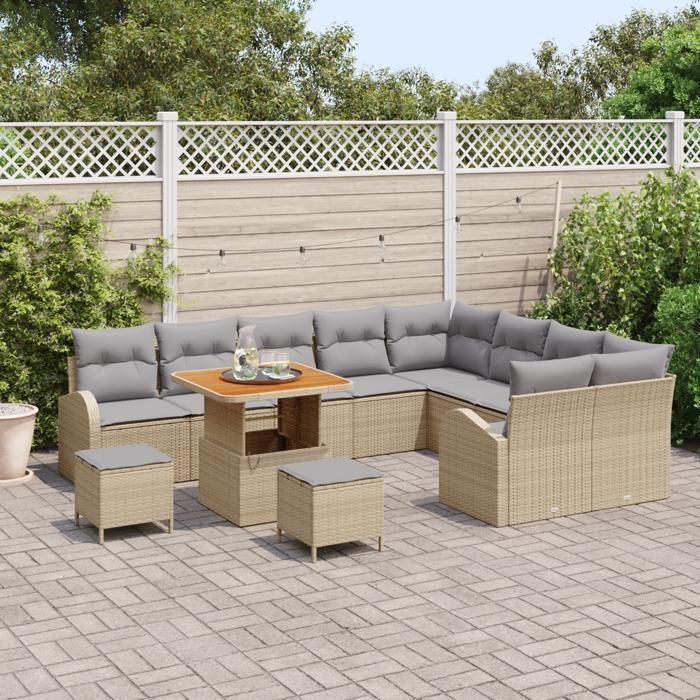 VidaXL Ensemble de Canapés de Jardin de 12 Pièces avec Coussins Beige Rattan Poly Acacia 3364382