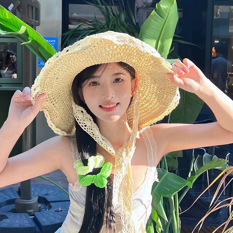 WTEMPO Lace Patchwork Beach Straw Hats Women's Summer Rolled Edge Seaside Hollow-out Raffi Casual Versatile Large Brim Hats