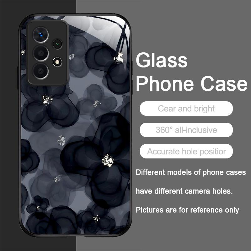 Luxury Black Rose Flower Graphic Tempered Glass Phone Case for Samsung Galaxy S25 Ultra S24 S23 Plus S22 S21 S20FE A56 A55 Cover