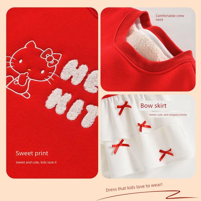 Hellokitty Girls' Fleece Sweatshirt Autumn and Winter All-In-One Fleece Red Festive New Year Clothes Year of the Horse Kidsren's New Year Clothes
