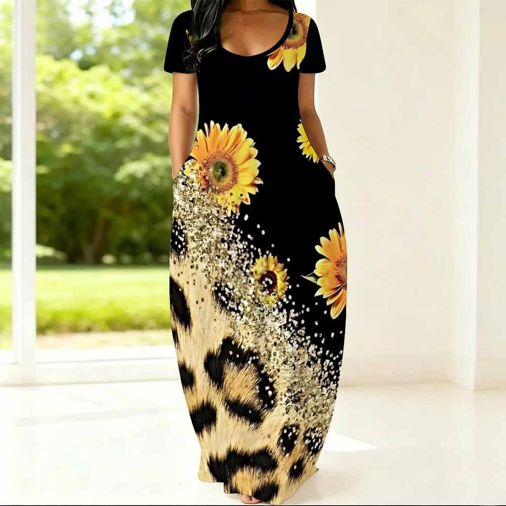 Plus Size Women Summer Dress Crew Neck Short Sleeve Loose Fit Apparel For Casual Home And Outdoor Walking