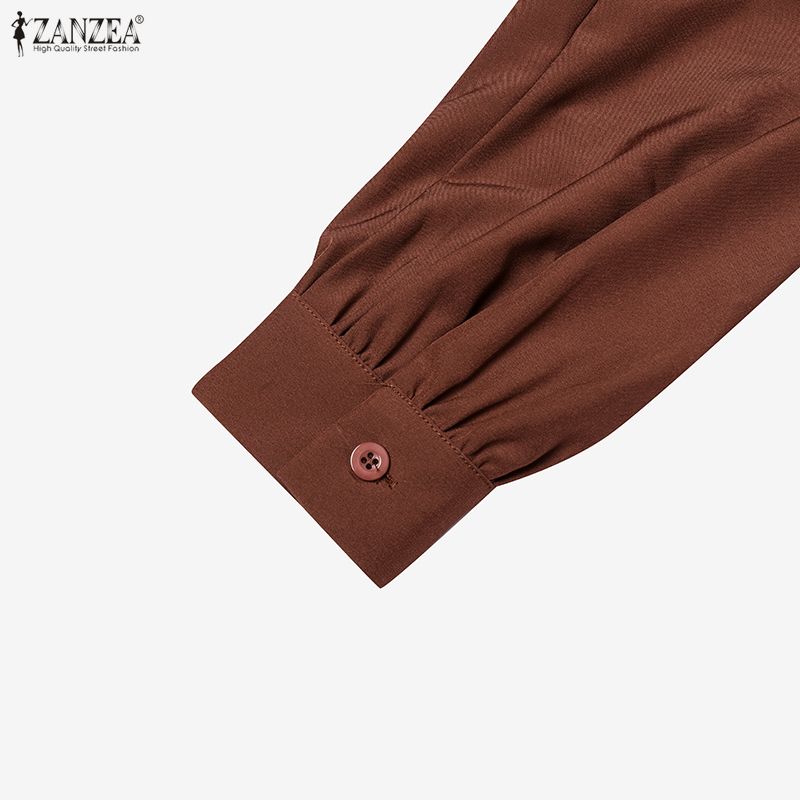 ZANZEA Women Casual Round Neck Loose Long Sleeve Pleated Long Dress