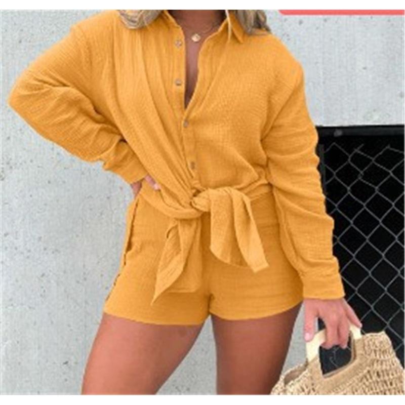 

Женская рубашка с длинным рукавом в европейском и американском стиле, шорты с высокой талией, повседневный костюм-двойка, новый однотонный костюм для отпуска с V-образным вырезом XXXL жёлтый