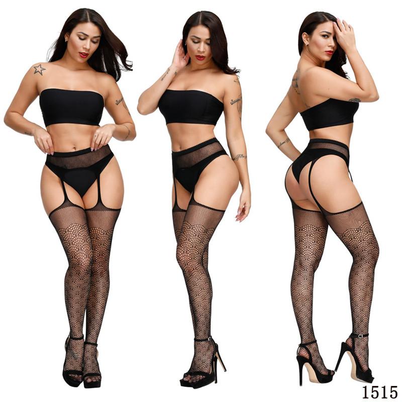 Sexy High-Waist Fishnet Stockings with Garter Belt Transparent Crotchless Pantyhose Plus Size Women's Lingerie