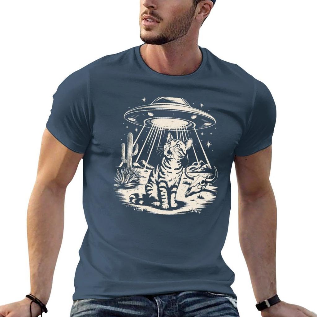 Vintage Ufo Cowboy Cat Tshirt Graphic Print Short Sleeve Tshirt