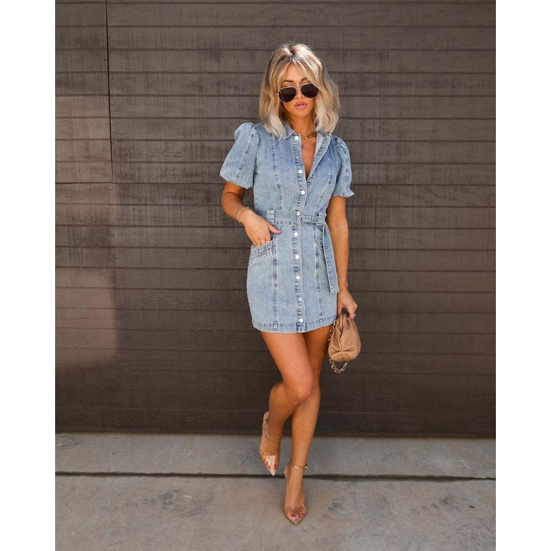 

Loose Fashion Sexy Denim Short sleeve Dress European and American Leisure Women clothes Cowboy Blue S