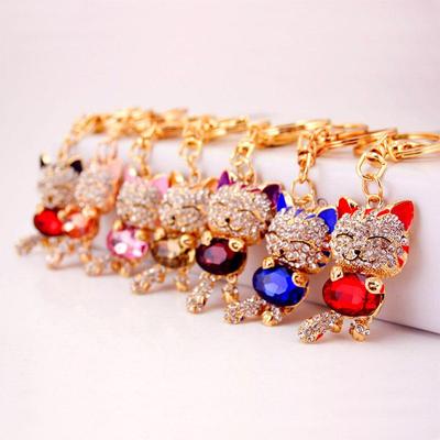 Cute Lucky Cat Diamond Keychain for Women's Bags - Kitten Metal Pendant