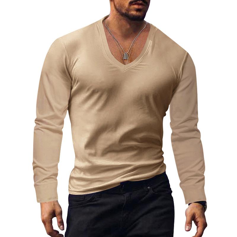 Men's Summer Long Sleeve Top Sun Protection Base Shirt Men's Large V-neck Solid Color Large Size Casual T-shirt Men