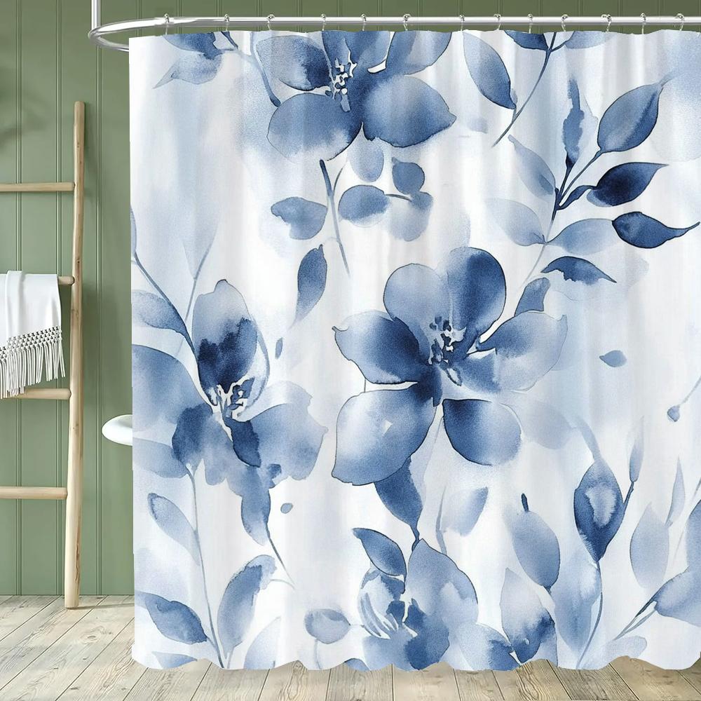 1PC Purple Flowers Shower Curtain,  Watercolor Floral and Plants Bathroom Decorative Curtain,Polyester Home Curtain with Hooks