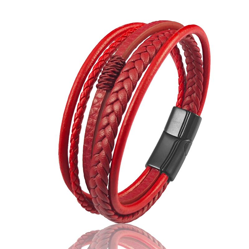 

Men Stainless Steel Bracelet Brown Multi-layer Braided Leather Wristband Magnetic Clasp Punk Casual Jewelry Gift for Boyfriend 22cm червоний