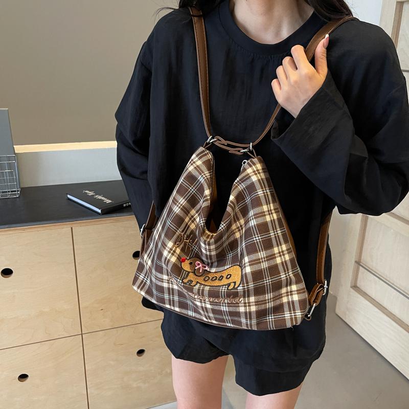 Large Capacity Backpack Women's Commuter Bag Plaid Tote Bag Cartoon Dog Shoulder Bag