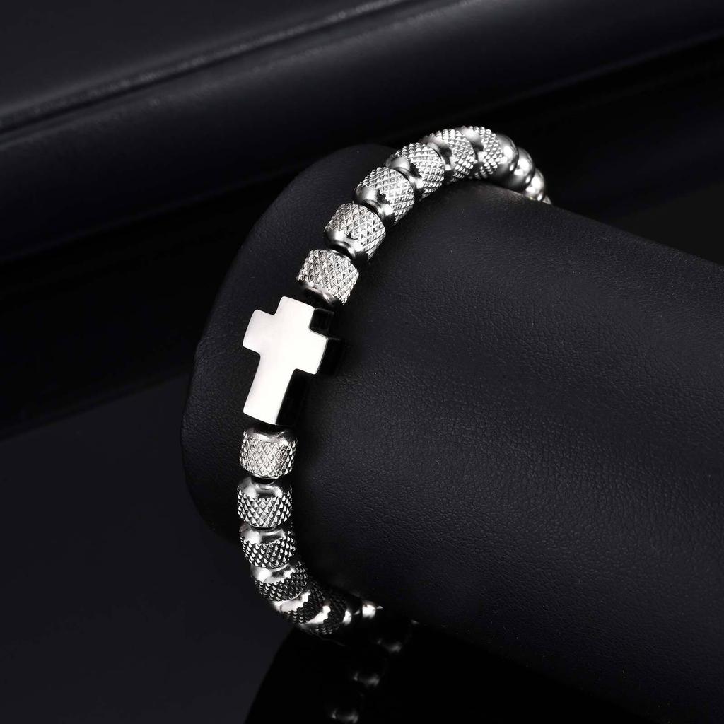 Kreuz Ananas Perlenarmband für Herren, Verstellbares Edelstahl-Metallperlenarmband, Einfaches Trendiges Schmuckgeschenk