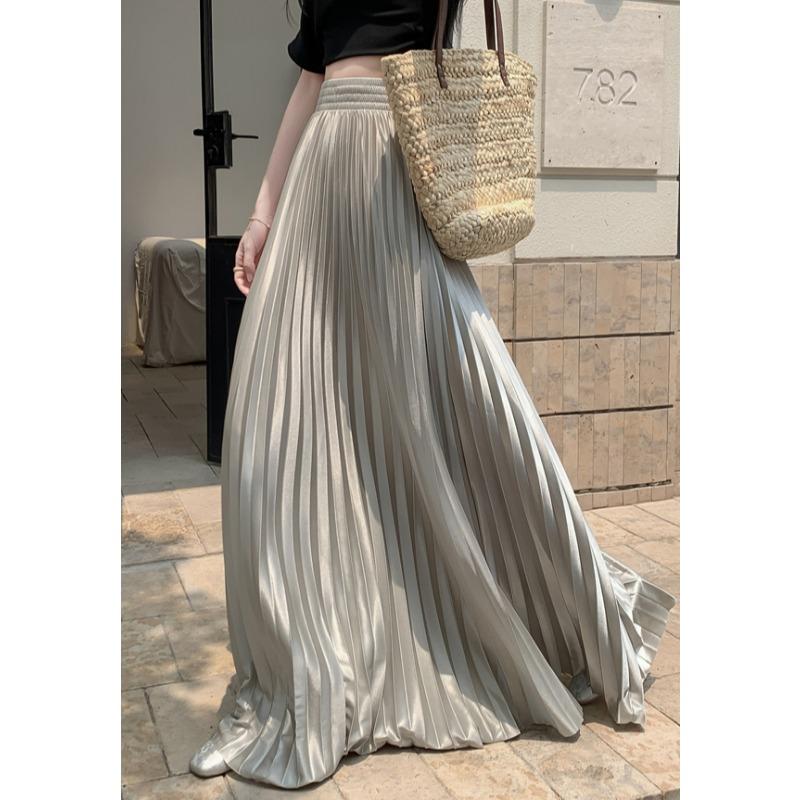 Léto Podzim Dámská Elegantní Jednobarevná Elastická Dlouhá Maxi Plisovaná Sukně Pro Dámu