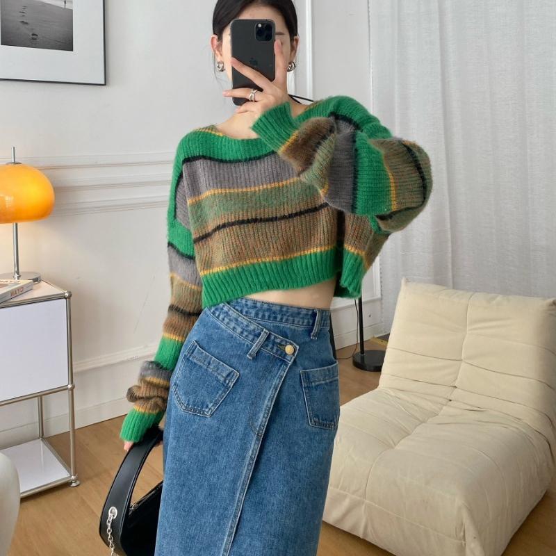 Autumn Short Knitted Sweater Tops Women Loose Clothes Winter Long Sleeve Pullover Sweaters Women Fashion Striped Knitwears 28946