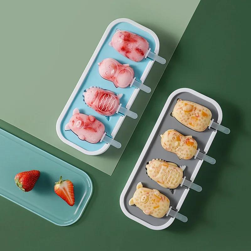 4 Cells Ice Cream Silicone Mold Summer Popsicle Mold Ice Pop Maker Fruit Juice Freezer Ice Tray Popsicle Molds Cake Baking Tools