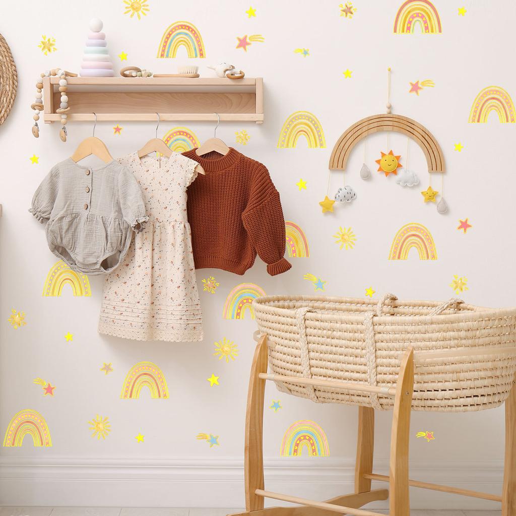 Tj022 Hand-Painted Stars Rainbow Sun Bronzing Wall Sticker Decoration Children'S Room Bedroom Background Self-Adhesive Wall Sticker