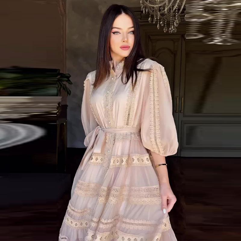 2024 Elegant Solid Color Lace Splicing Swing Maxi Dress