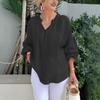 Women’s Polo-neck V-neck Plain Cotton-linen Long-sleeved Casual Top